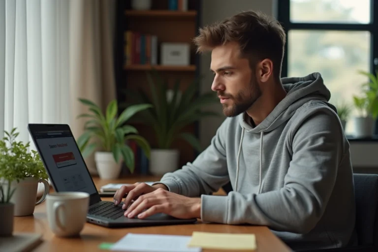Homme travaillant sur un ordinateur portable affichant un message de restriction d'accès à un site web