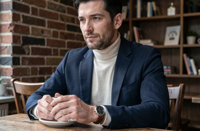 Homme élégant en blazer marine et montre en cuir assis dans un café chaleureux, illustrant les accessoires masculins tendance
