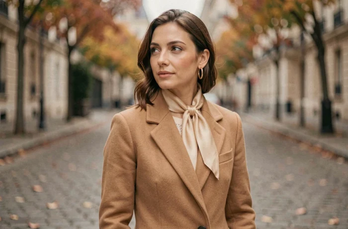 Femme élégante portant un manteau camel, une écharpe en soie et des boucles d'oreilles dorées dans une rue pavée parisienne en automne