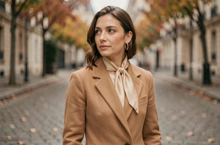 Femme élégante portant un manteau camel, une écharpe en soie et des boucles d'oreilles dorées dans une rue pavée parisienne en automne