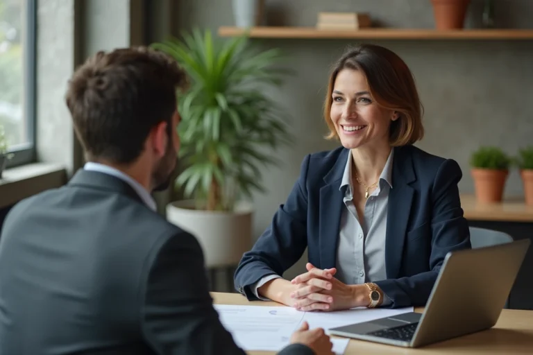 Conseillère en affaires discutant de stratégies de développement avec un entrepreneur dans un espace de coworking moderne