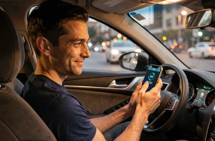 Homme au volant tenant un smartphone avec l'application Waze affichant une voix Dark Vador pour une navigation Star Wars épique