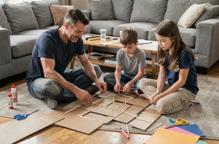 Père et enfants construisant une maquette créative en carton dans le salon familial