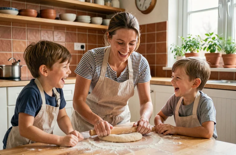Mère et enfants préparant une recette de cuisine ensemble dans une cuisine familiale chaleureuse