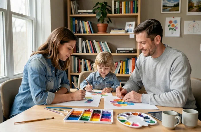 Famille pratiquant la peinture aquarelle ensemble dans un espace bureau aménagé à la maison