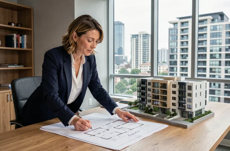 Agent immobilière analysant des plans architecturaux dans une agence moderne avec vue sur la ville en 2024