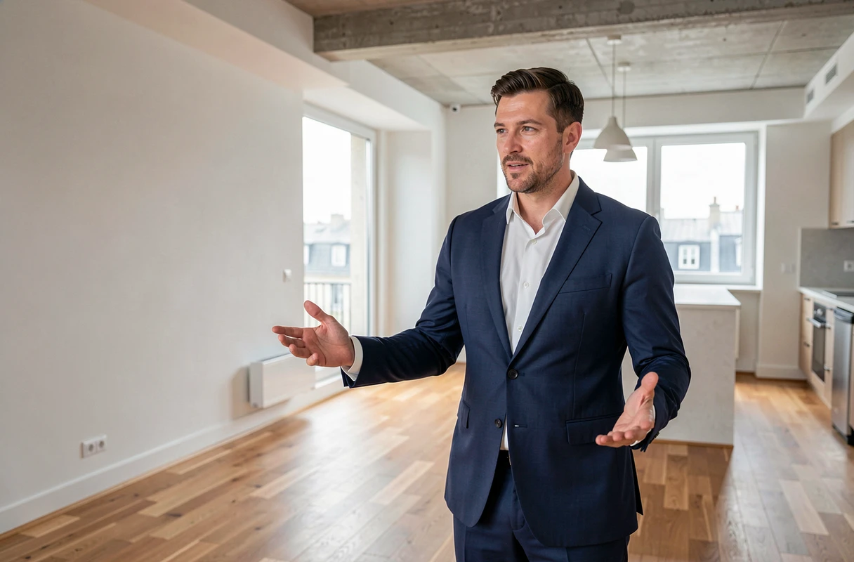 Agent immobilier présentant un appartement rénové moderne avec parquet en chêne à Paris en 2024