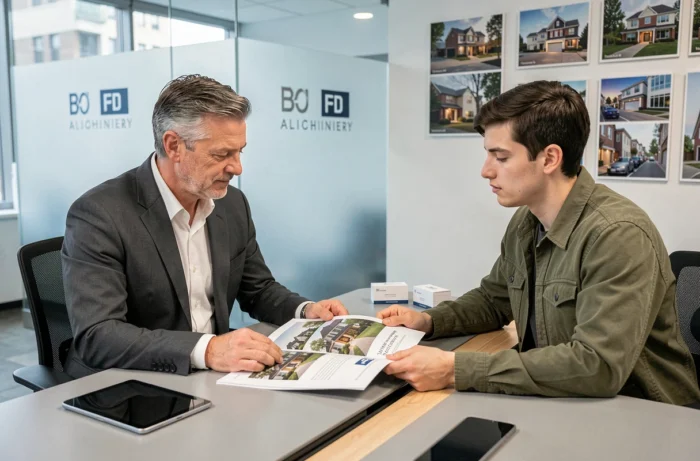 Agent immobilier présentant une brochure de propriété à un client dans une agence moderne