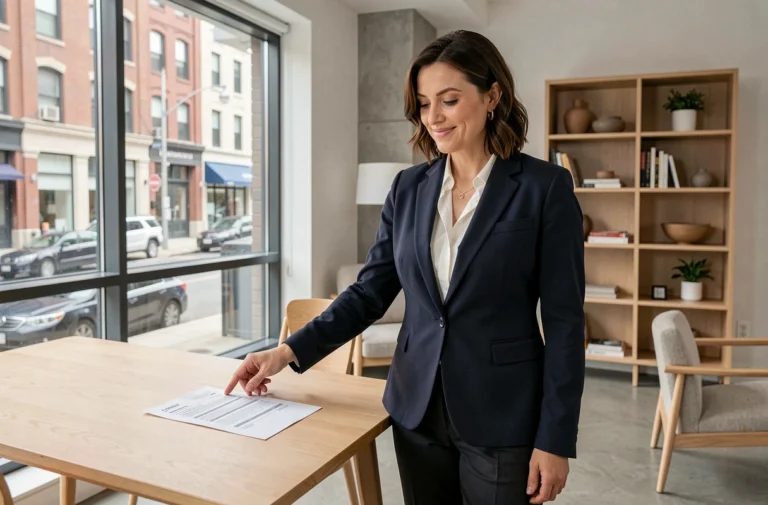 Agent immobilière expliquant un contrat de location à une table dans un appartement moderne