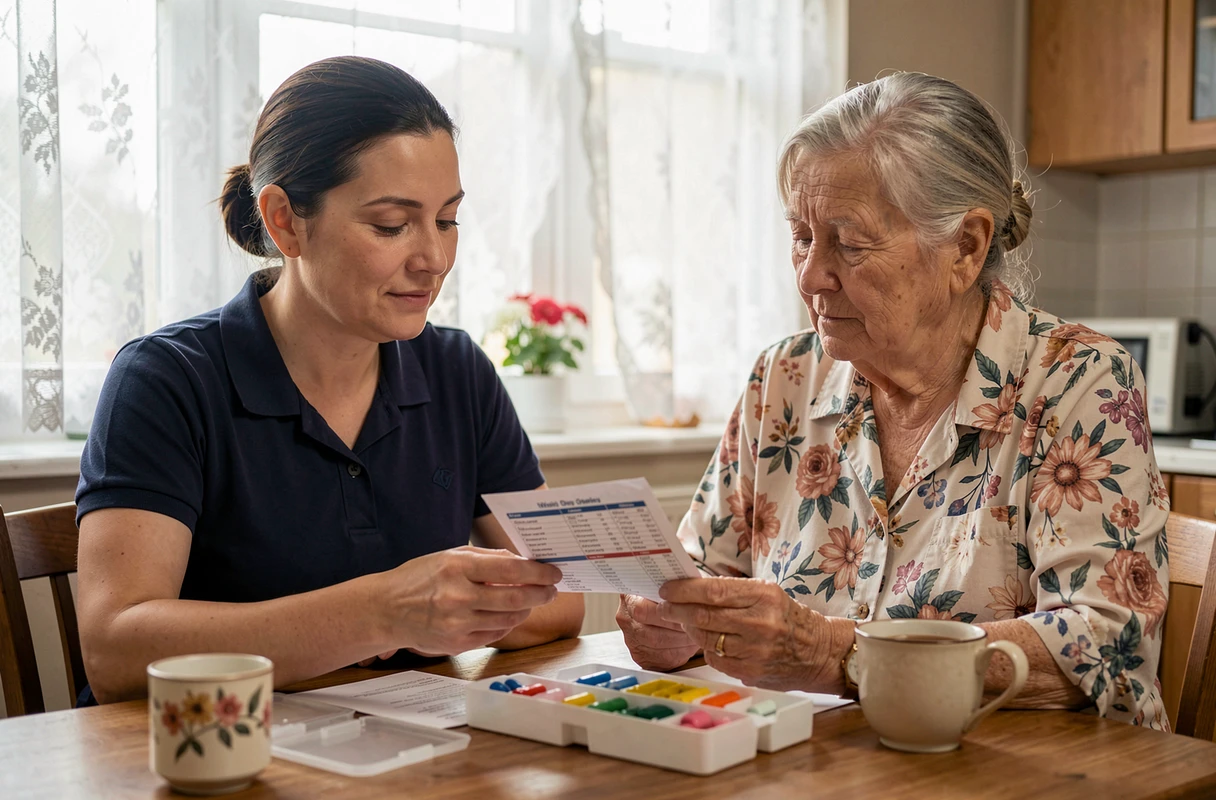 Aide à domicile accompagnant une femme âgée dans la gestion de ses médicaments, illustrant le soutien professionnel aux seniors