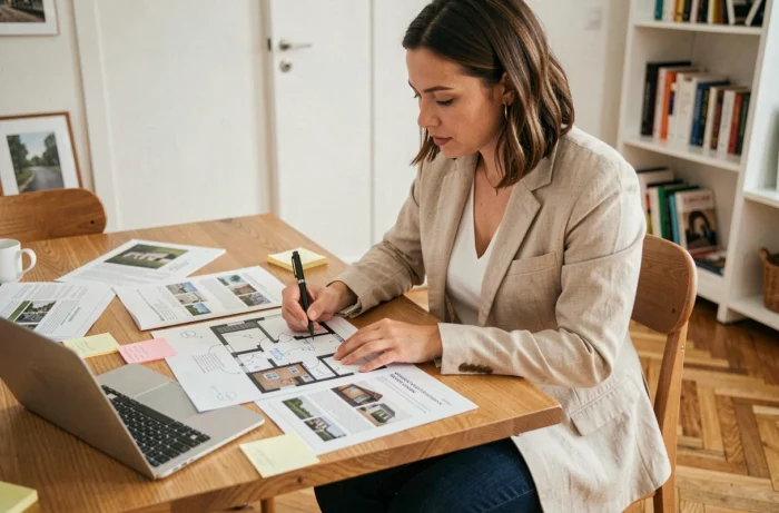 Femme analysant des annonces immobilières imprimées à une table en bois avec un ordinateur portable ouvert
