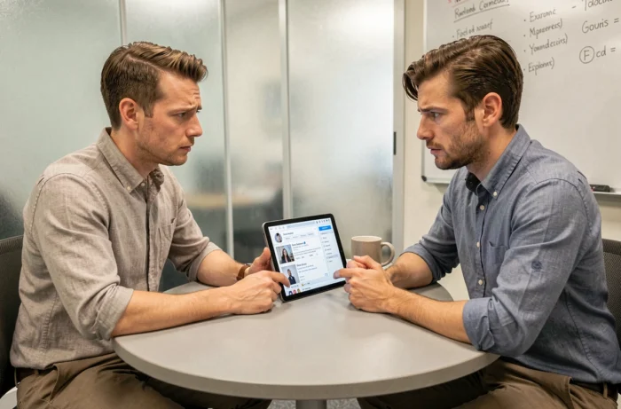 Deux collègues examinant un profil de réseau social sur une tablette lors d'une réunion professionnelle