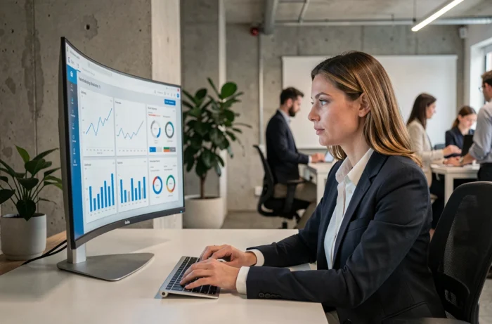 Femme analyste marketing numérique examinant des tableaux de bord analytiques sur un grand écran dans un bureau moderne en 2024