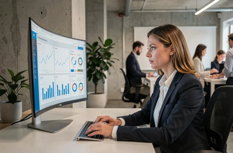 Femme analyste marketing numérique examinant des tableaux de bord analytiques sur un grand écran dans un bureau moderne en 2024