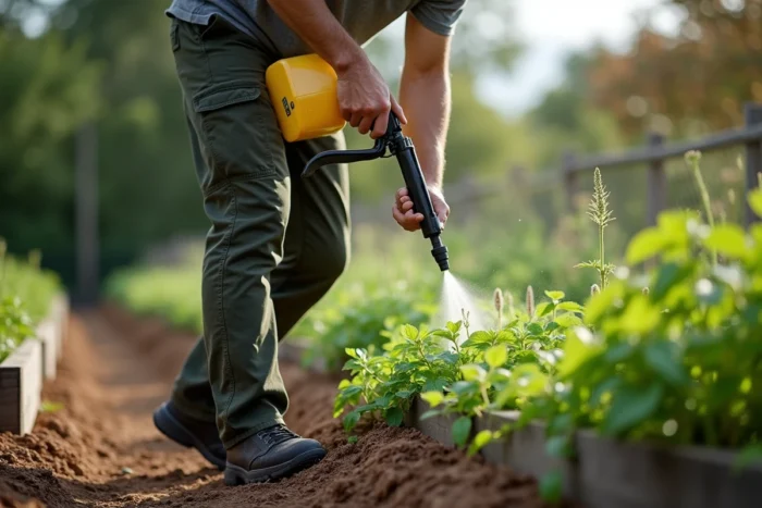 Homme appliquant un désherbant sélectif sur de l'oxalis au bord d'un potager avec un pulvérisateur manuel