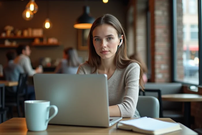 Jeune femme apprenant l'anglais seule dans un café avec un ordinateur portable et un cahier de grammaire, pratiquant la prononciation avec des écouteurs