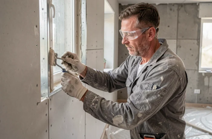 Artisan posant un encadrement en placo autour d'une fenêtre lors de travaux de rénovation intérieure