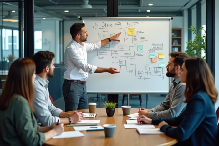 Entrepreneur animant un atelier de coaching business avec présentation de stratégies sur tableau blanc