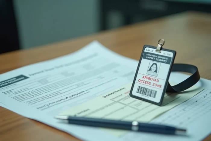 Badge aéroportuaire officiel posé sur un bureau avec les documents administratifs du dossier de demande d'accréditation