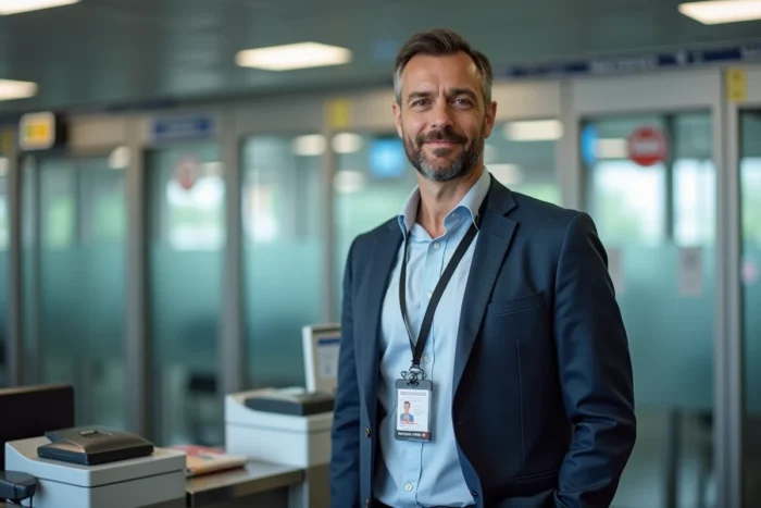 Employé d'aéroport tenant son badge de sécurité aéroportuaire nouvellement délivré devant un contrôle d'accès