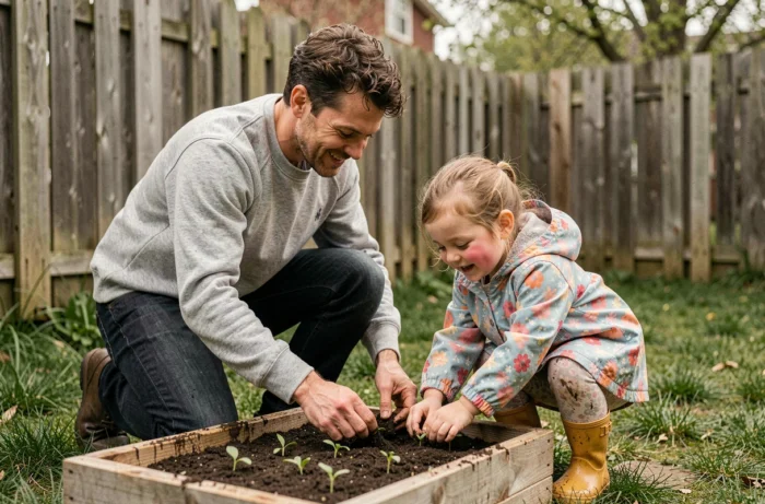 Père et petite fille plantant des graines ensemble dans un potager extérieur au printemps, activité éducative en plein air