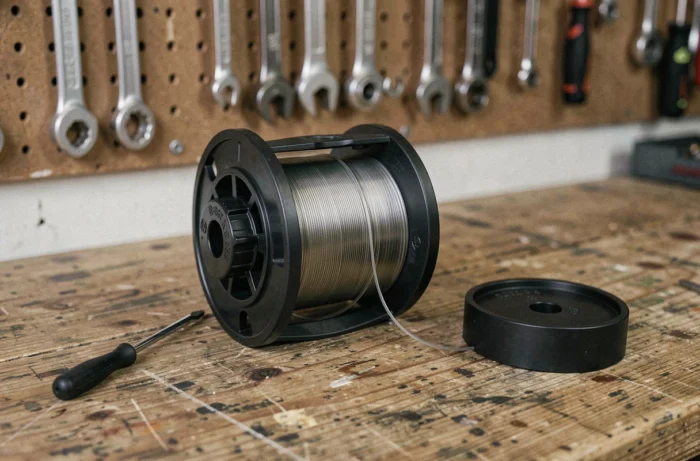 Gros plan sur la bobine et le fil de coupe de la Bosch AdvancedGrassCut 36 posée sur un établi d'atelier