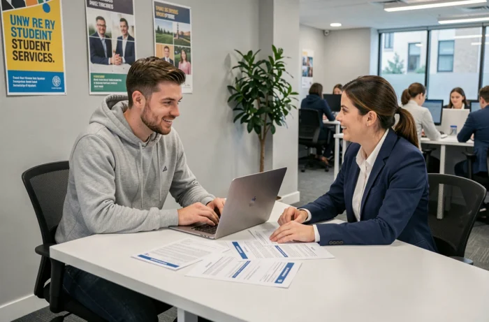 Étudiant adulte discutant des bourses DAEU avec un conseiller pédagogique dans un bureau universitaire