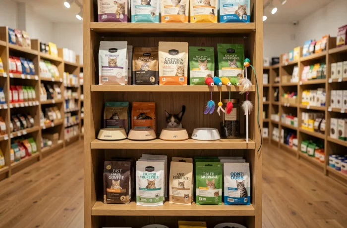 Étagère boutique spécialisée chats présentant des accessoires, jouets et produits alimentaires premium pour félins