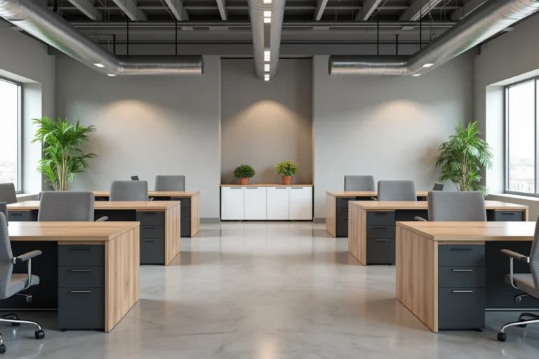 Espace de bureau professionnel en open space avec mobilier sur mesure en bois et rangements intégrés