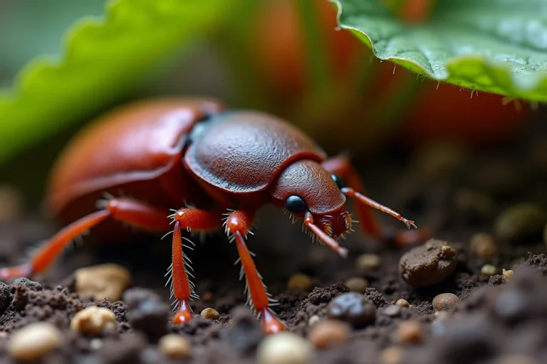 Gros plan macro sur un carabe Pseudoophonus rufipes se déplaçant sur la terre humide d'un potager près des racines de fraisiers