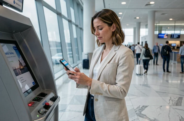 Femme tenant un smartphone avec une carte d'embarquement numérique dans un terminal d'aéroport moderne