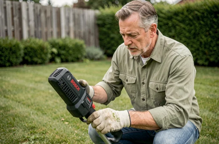Homme changeant le fil de sa débroussailleuse Bosch AdvancedGrassCut 36 dans un jardin résidentiel