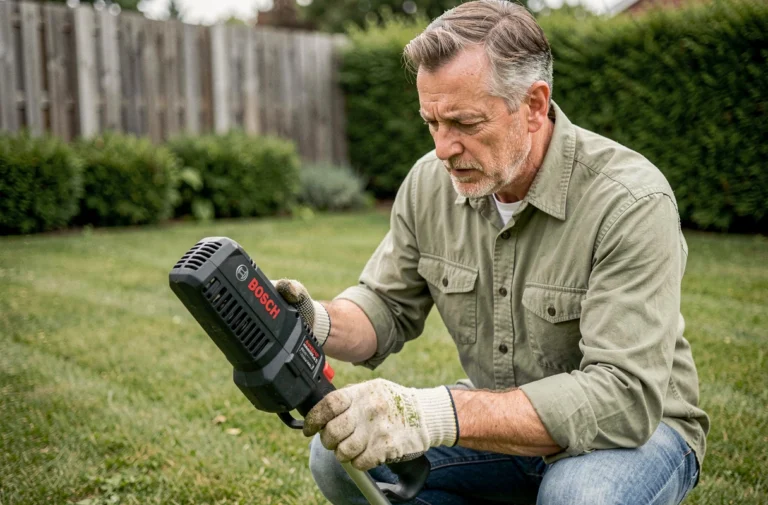 Homme changeant le fil de sa débroussailleuse Bosch AdvancedGrassCut 36 dans un jardin résidentiel