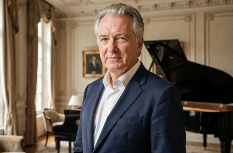 Chanteur français élégant en veste marine dans un appartement parisien luxueux, évoquant la fortune et le succès artistique