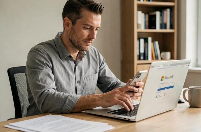 Homme utilisant un code de sécurité Microsoft sur son ordinateur portable dans un bureau à domicile