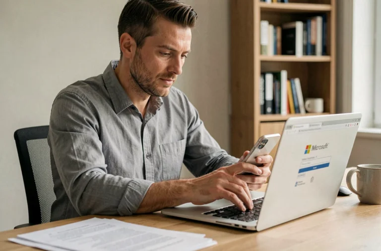 Homme utilisant un code de sécurité Microsoft sur son ordinateur portable dans un bureau à domicile
