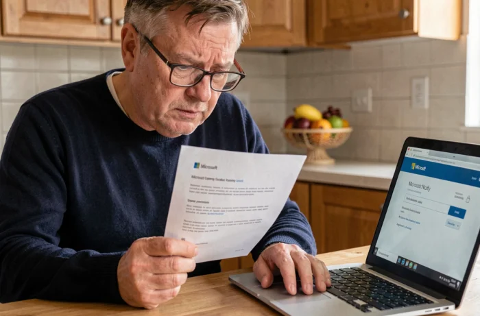 Homme d'âge mûr consultant un code de sécurité Microsoft imprimé à côté de son ordinateur portable dans une cuisine