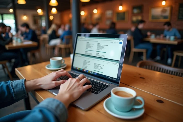 Mains tapant sur un ordinateur portable pour comparer des alternatives à un annuaire en ligne dans un café