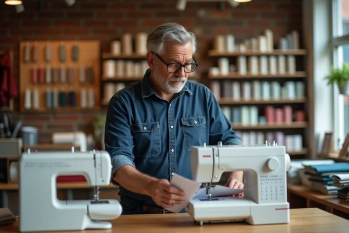 Homme comparant deux machines à coudre professionnelles dans une boutique de mercerie spécialisée pour tissus épais