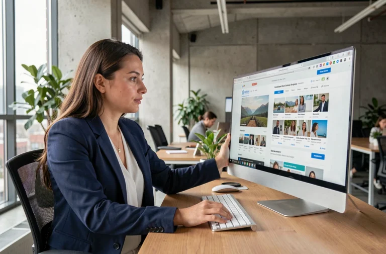 Une professionnelle comparant des plateformes alternatives à Flazto sur un ordinateur de bureau dans un bureau moderne