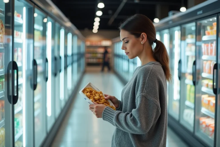 Femme comparant deux packs de surgelés Picard et Thiriet dans un rayon de supermarché