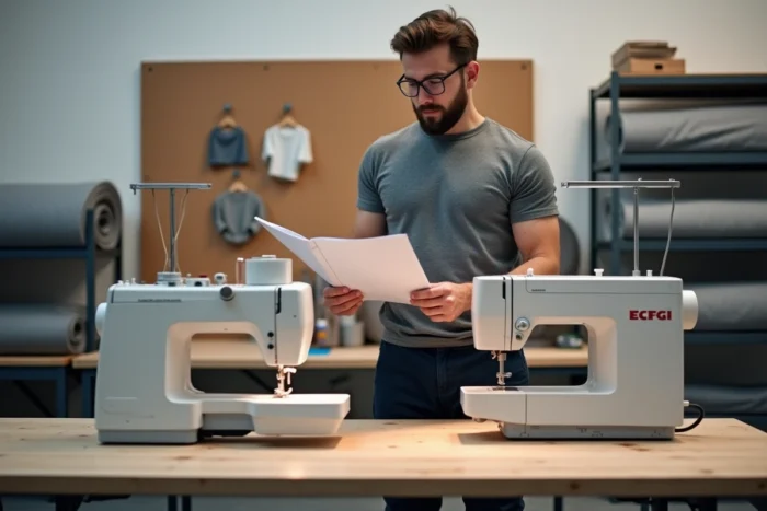 Homme comparant deux machines à coudre robustes pour choisir le modèle adapté à la couture de tissus épais et d'ameublement