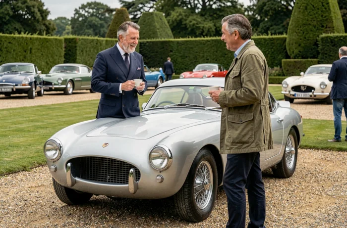 Deux hommes élégants en blazer marine et veste olive discutant devant une grande routière d'avant-guerre argentée lors d'un concours d'élégance automobile