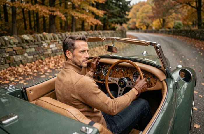 Homme en pull camel et gants en cuir au volant d'un roadster britannique vintage sur une route de campagne en automne