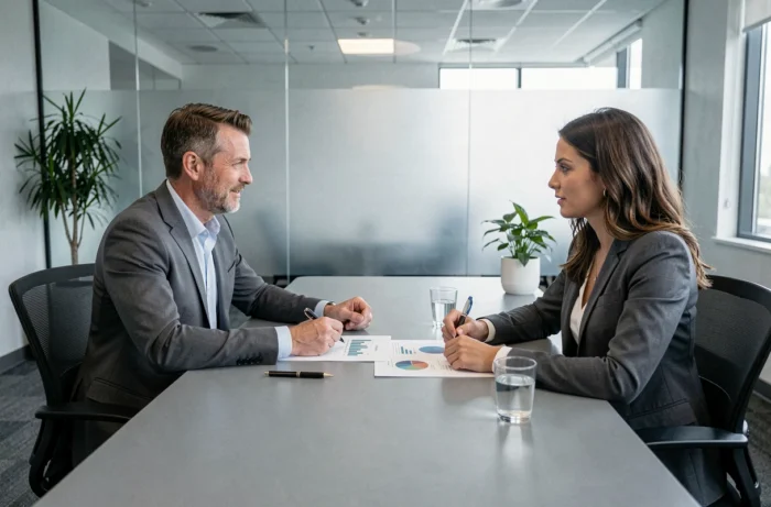 Deux professionnels discutant de stratégies d'investissement et de gestion financière dans un bureau moderne