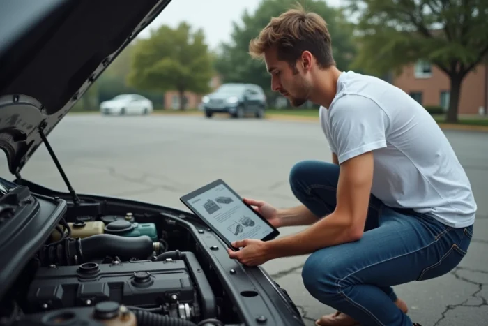 Jeune homme consultant une revue technique automobile en PDF sur une tablette pour réparer un moteur en extérieur