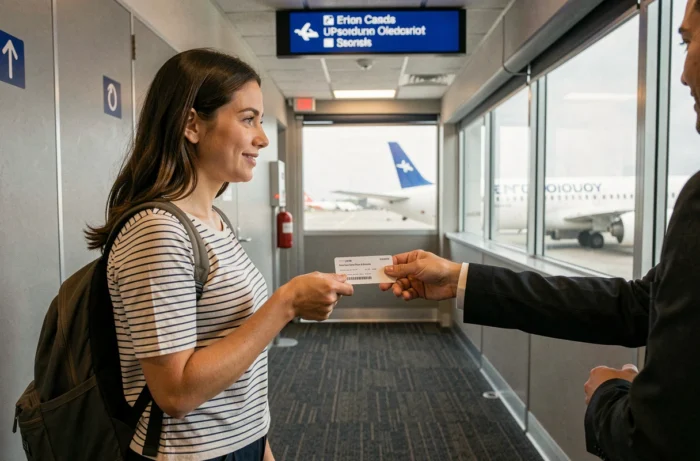 Jeune femme présentant sa carte d'embarquement papier à une agente à la porte d'embarquement