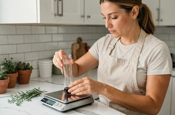 Femme mesurant des centilitres avec un verre gradué posé sur une balance de cuisine moderne pour une recette saine