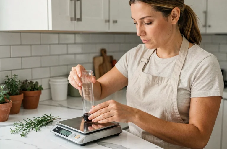 Femme mesurant des centilitres avec un verre gradué posé sur une balance de cuisine moderne pour une recette saine