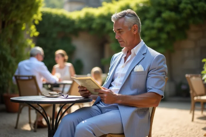 Homme mature en costume seersucker rayé bleu et blanc assis à une table de guinguette en jardin